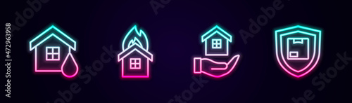 Set line House flood, Fire in burning house, hand and Delivery security with shield. Glowing neon icon. Vector