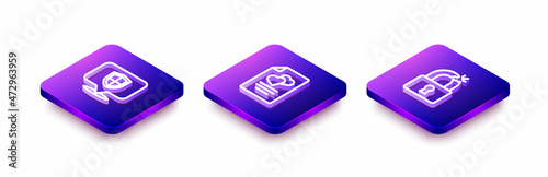 Set Isometric line Location shield, Marriage contract and Broken or cracked lock icon. Vector