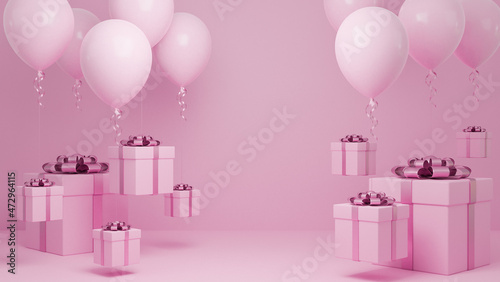 Many Gift box Fly in air with balloon and pink ribbon pastel background.,Christmas and happy new year background concept.,3d model and illustration.
