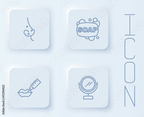 Set line Acne, Bar of soap, Lip augmentation and Round makeup mirror. White square button. Vector