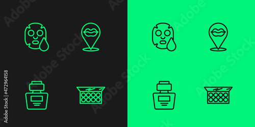 Set line Makeup powder with mirror, Perfume, Facial cosmetic mask and Smiling lips icon. Vector