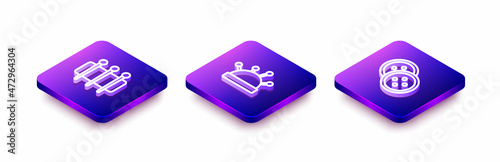 Set Isometric line Needle for sewing, bed and needles and Sewing button clothes icon. Vector