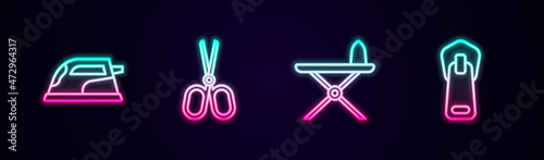 Set line Electric iron, Scissors, and ironing board and Zipper. Glowing neon icon. Vector