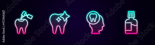 Set line Tooth with caries and drill, whitening, Toothache and Mouthwash. Glowing neon icon. Vector