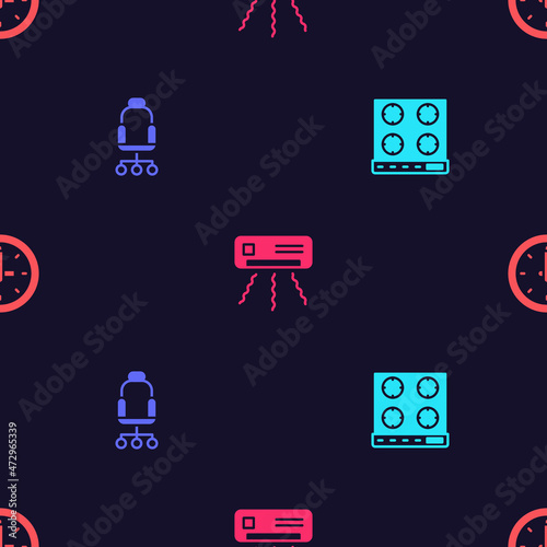 Set Gas stove, Office chair, Air conditioner and Clock on seamless pattern. Vector