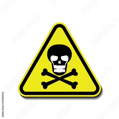 Warning sign with skull and crossbones on yellow triangle. Poison, toxic or biohazard prohibited caution vector icon.