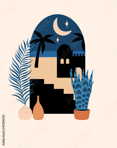 Composition of Houseplant and leaves in the interior in flowerpots and vases. Landscape with night beach, house, sea and stairs	