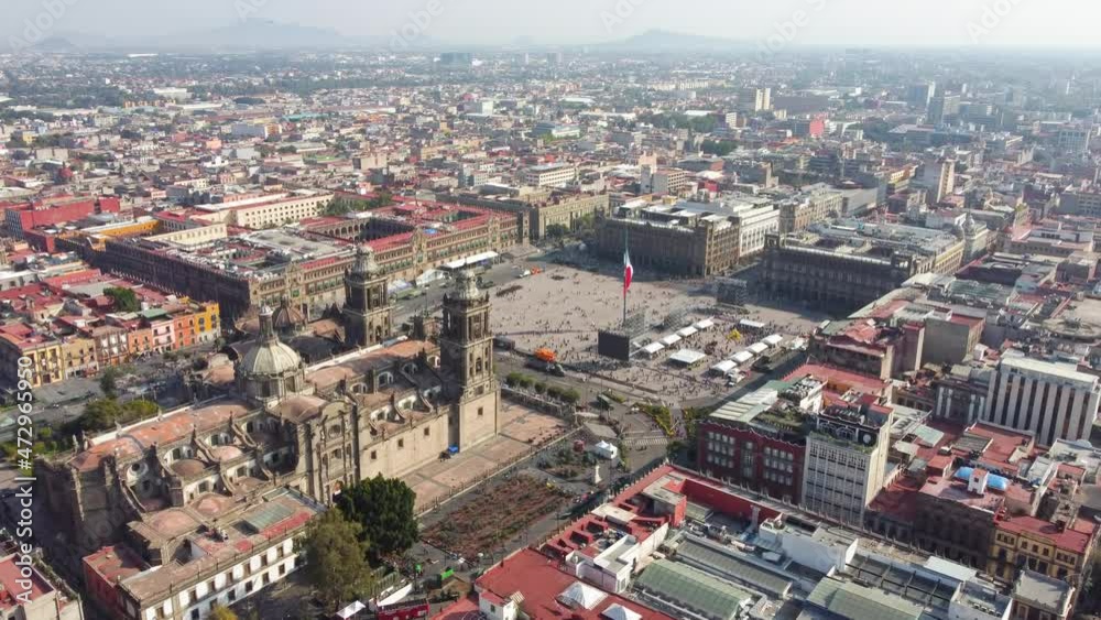 Mexico City: Aerial view of capital city of Mexico, Mexico City's main square Plaza de la Constitucion (El Zócalo) and Metropolitan Cathedral - landscape panorama of North America from above Mexico City: Aerial view of capital city of Mexico, Mexico City's main square Plaza de la Constitucion (El Zócalo) and Metropolitan Cathedral - landscape panorama of North America from above
