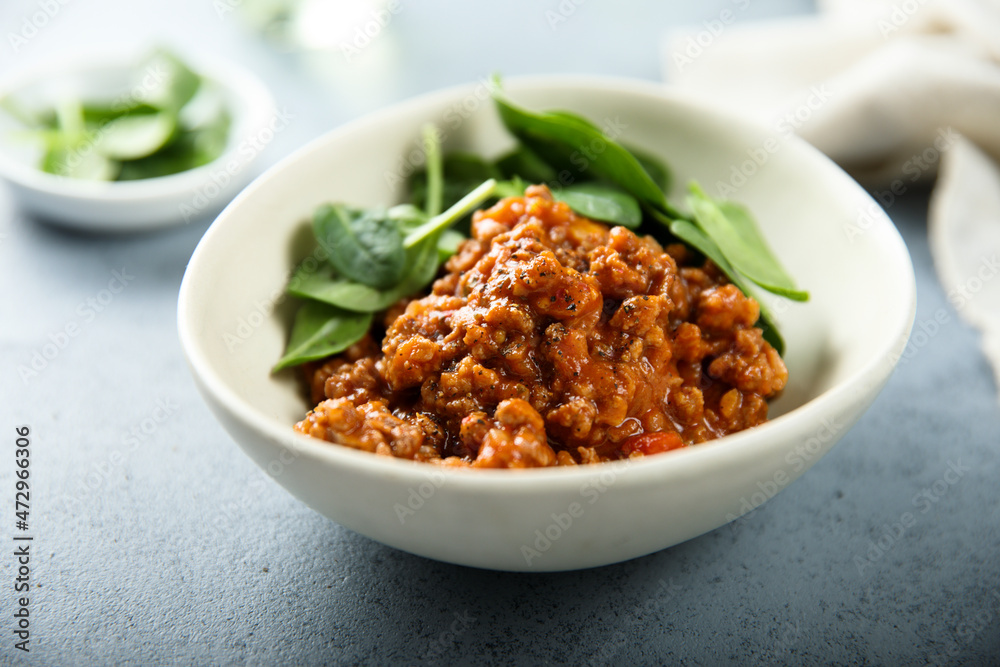 Homemade minced beef ragout with spinach Homemade minced beef ragout with spinach