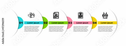 Set line Veterinary clinic, Medical certificate for dog or cat, Clinical record pet and Paw print. Business infographic template. Vector
