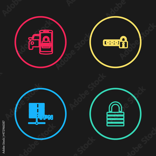 Set line Server VPN, Lock, Password protection and Smart car security system icon. Vector