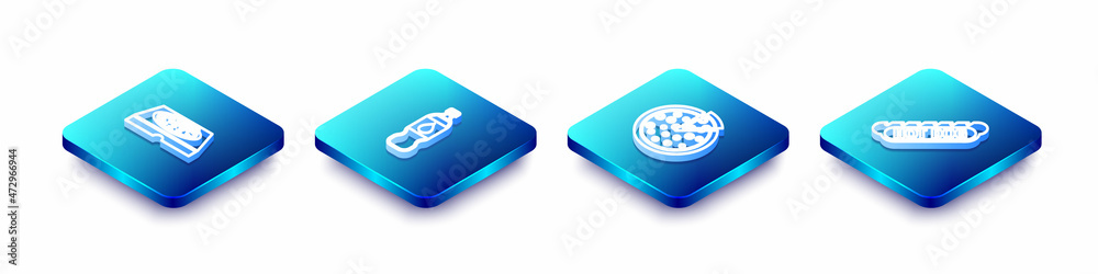 Set Isometric line Pizza in cardboard box, Bottle of water, and Hotdog sandwich icon. Vector Set Isometric line Pizza in cardboard box, Bottle of water, and Hotdog sandwich icon. Vector