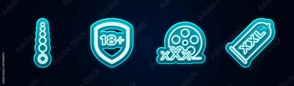 Set line Anal beads, Shield with 18 plus, Film reel Sex and Condom safe sex. Glowing neon icon. Vector Set line Anal beads, Shield with 18 plus, Film reel Sex and Condom safe sex. Glowing neon icon. Vector