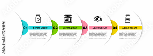 Set line Bottle with pills for potency, Sex shop building, Condoms package and . Business infographic template. Vector