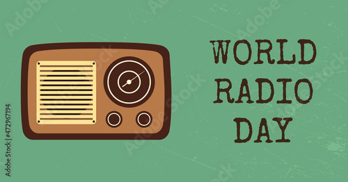 Retro banner World radio day. Vintage radio concept.