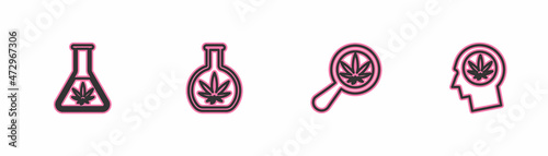Set line Test tube with marijuana, Magnifying glass and, and Head profile icon. Vector