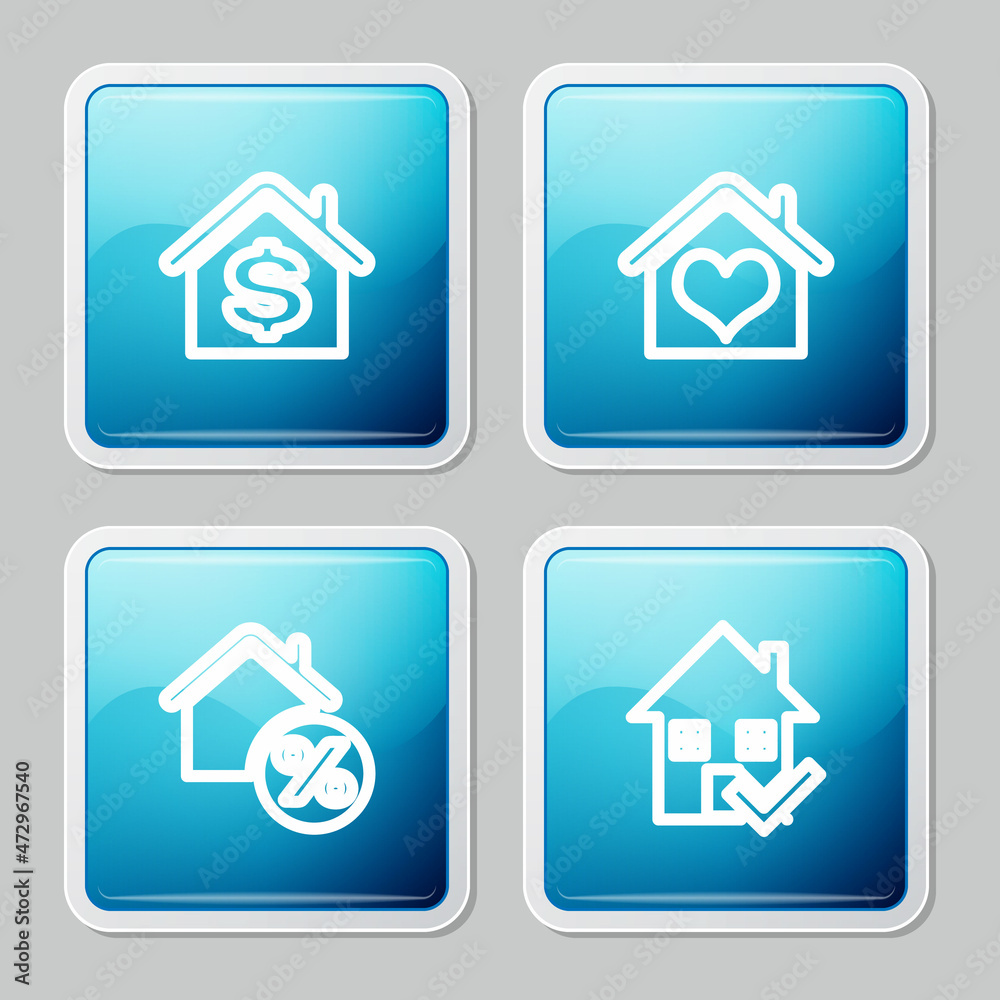 Set line House with dollar, heart shape, percant and check mark icon. Vector Set line House with dollar, heart shape, percant and check mark icon. Vector