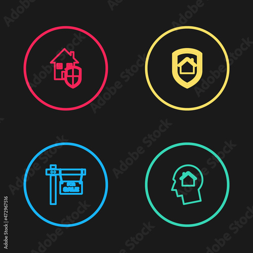 Set line Hanging sign with For Sale, Man dreaming about buying house, House under protection and icon. Vector