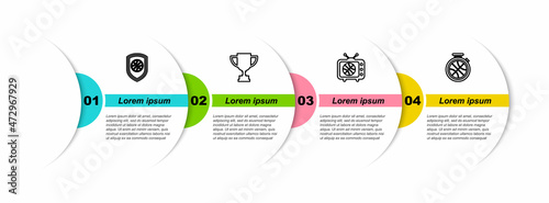 Set line Shield in the basketball ball, Award cup, Basketball match on tv and Stopwatch with. Business infographic template. Vector