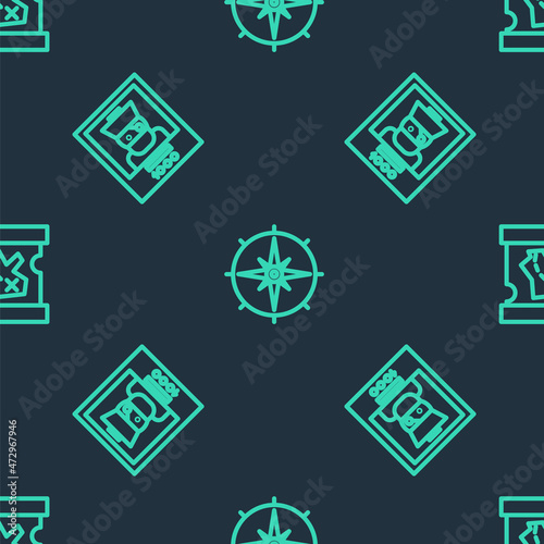 Set line Wind rose, Wanted poster pirate and Pirate treasure map on seamless pattern. Vector
