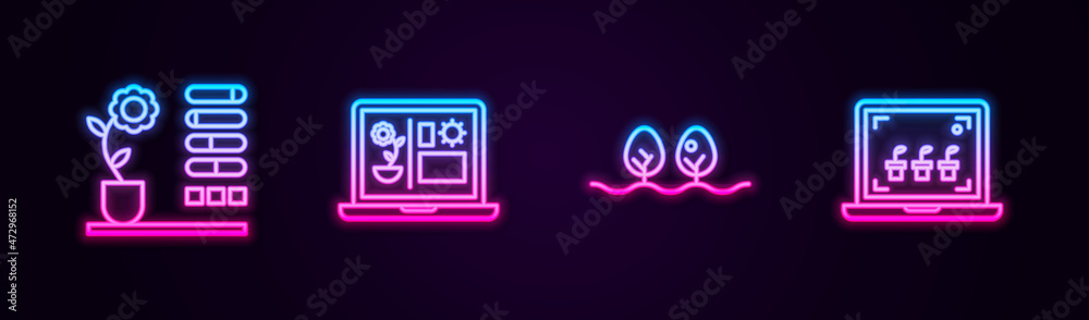 Set line Flower status, Smart farming technology, Plant and . Glowing neon icon. Vector Set line Flower status, Smart farming technology, Plant and . Glowing neon icon. Vector
