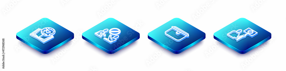 Set Isometric line Earth globe and book, Stop plastic pollution, Lunch box and Nature saving protest icon. Vector Set Isometric line Earth globe and book, Stop plastic pollution, Lunch box and Nature saving protest icon. Vector