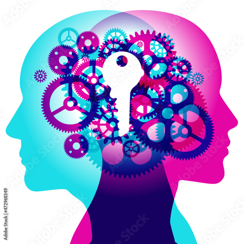 A back-to back Male and Female side profile overlaid with various sized translucent gears and cog circular shapes. Centred is a solid white key representing the potential answer is always within us.