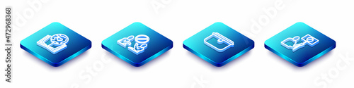 Set Isometric line Earth globe and book, Stop plastic pollution, Lunch box and Nature saving protest icon. Vector