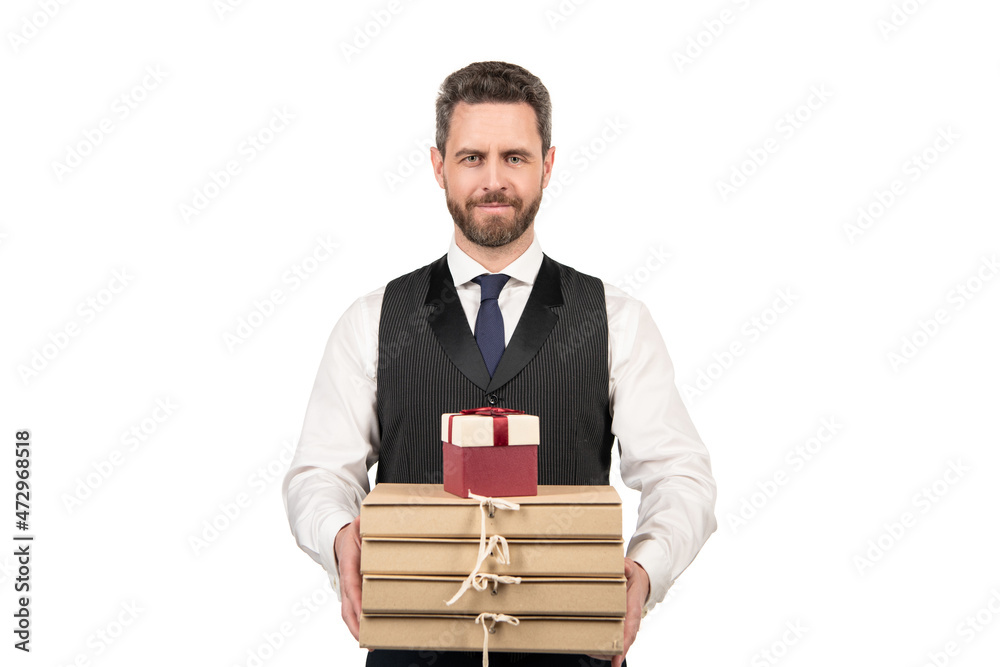 business reward. man preparing project. ceo with documents and present box. business reward. man preparing project. ceo with documents and present box.