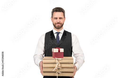business reward. man preparing project. ceo with documents and present box.