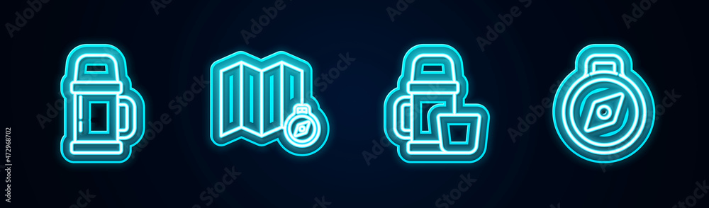Set line Thermos container, Location of the forest map, and cup and Compass. Glowing neon icon. Vector Set line Thermos container, Location of the forest map, and cup and Compass. Glowing neon icon. Vector