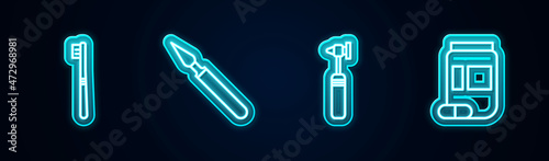 Set line Toothbrush, Medical surgery scalpel, otoscope tool and Medicine bottle and pills. Glowing neon icon. Vector