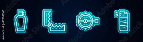 Set line Canteen water bottle, Trap hunting, and Pepper spray. Glowing neon icon. Vector