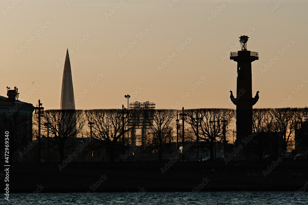 Silhouette of St. Petersburg before sunset.