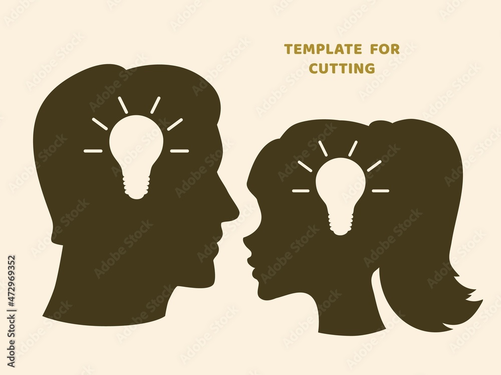 Template for laser cutting, wood carving, paper cut. Silhouettes for cutting. Woman and Man head  stencil.