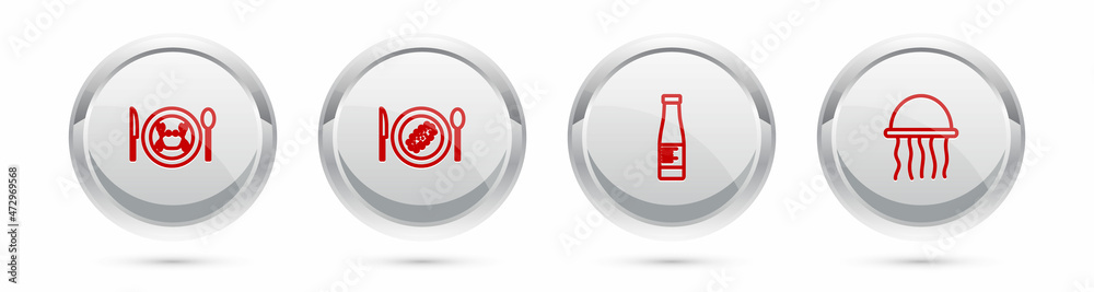 Set line Served crab on a plate, cucumber, Sauce bottle and Jellyfish. Silver circle button. Vector Set line Served crab on a plate, cucumber, Sauce bottle and Jellyfish. Silver circle button. Vector