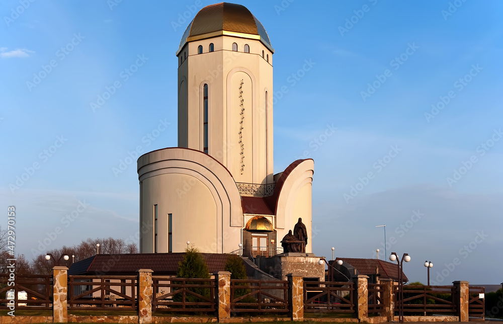 Fototapeta premium Evening cityscape of Peresopnytsia complex in Ukraine