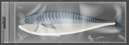 Transparent plastic bag with fish in vacuum. Stretched polyethylene mockup. Evacuated mackerel in plastic packaging isolated on transparent background. Polyethylene packaging for storing food