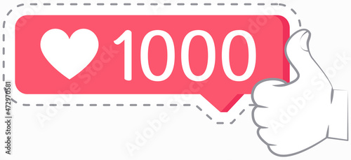1000 likes thank you card. Template for social media. Vector poster with hand gesture showing Ok sign thumbs up. Pink frame with heart and bubble text. Many followers in online social media networks