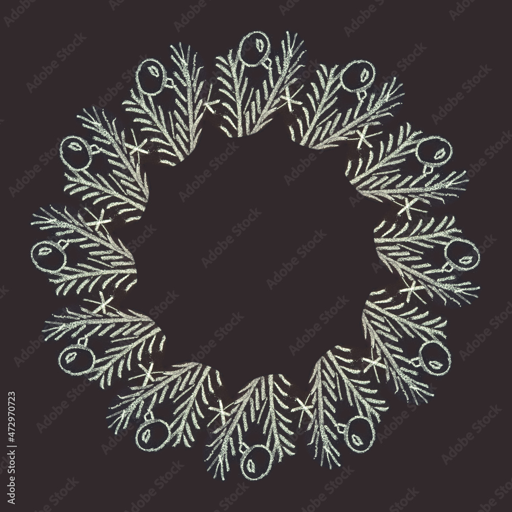 Round frame of fir branches for Christmas, drawn with chalk on a blackboard. Round frame of fir branches for Christmas, drawn with chalk on a blackboard.