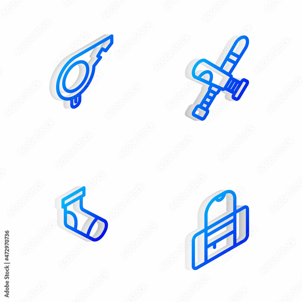 Set Isometric line Crossed baseball bat, Whistle, Baseball sock and Sport bag icon. Vector Set Isometric line Crossed baseball bat, Whistle, Baseball sock and Sport bag icon. Vector