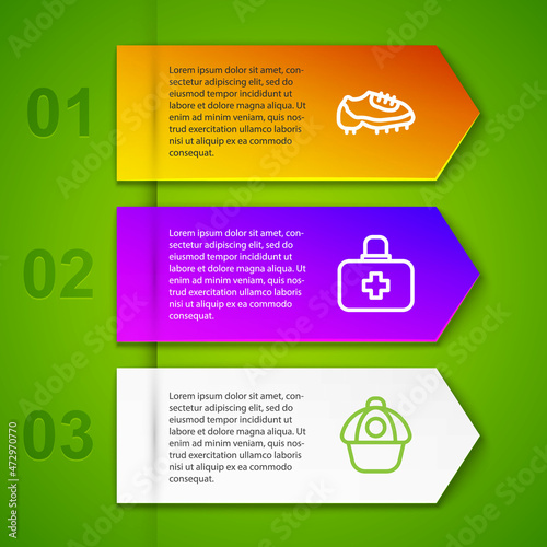 Set line Baseball boot, First aid kit and cap. Business infographic template. Vector