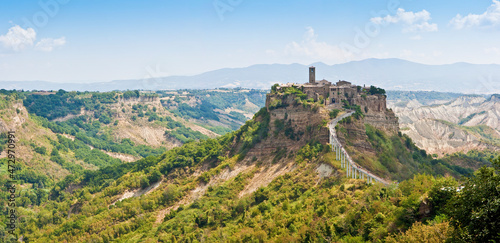 Panoramic view of the famouse medieval citadel of Civita town with the elevated walkway (Italy - Lazio - Viterbo - Bagnoregio)
