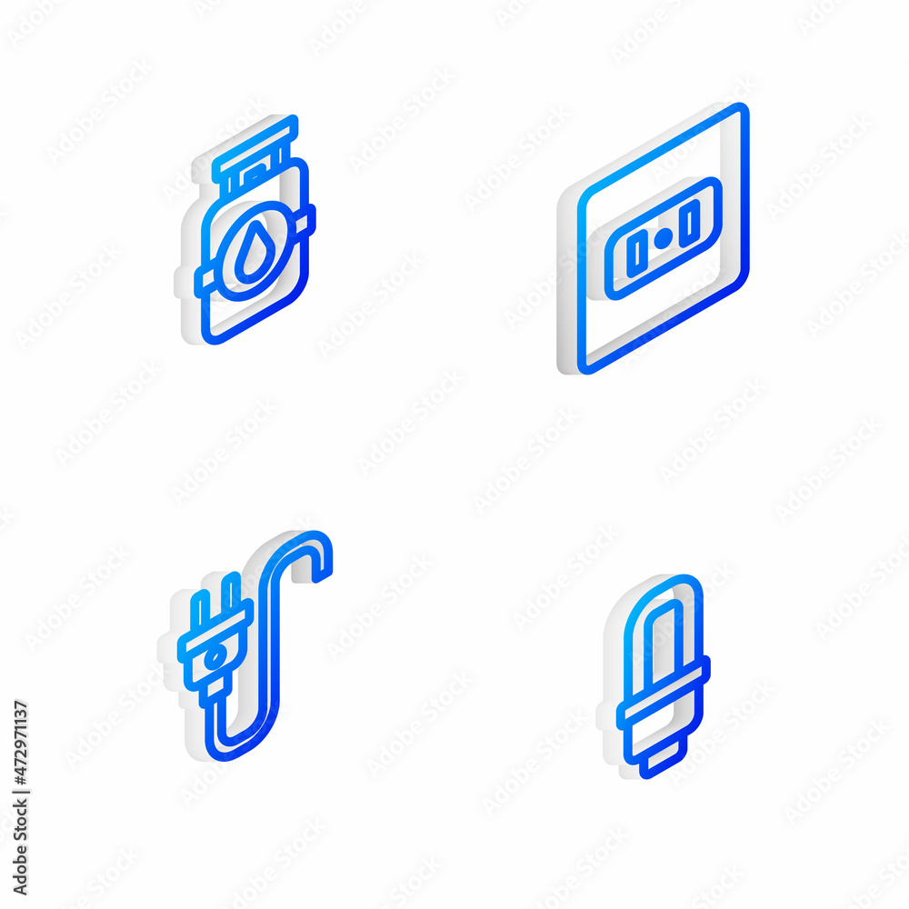 Set Isometric line Electrical outlet, Propane gas tank, plug and LED light bulb icon. Vector Set Isometric line Electrical outlet, Propane gas tank, plug and LED light bulb icon. Vector