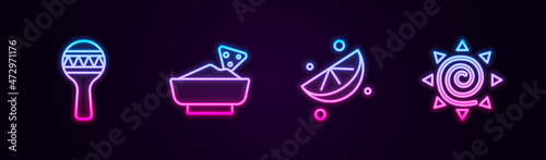 Set line Maracas, Nachos in bowl, Sliced lime and Sun. Glowing neon icon. Vector