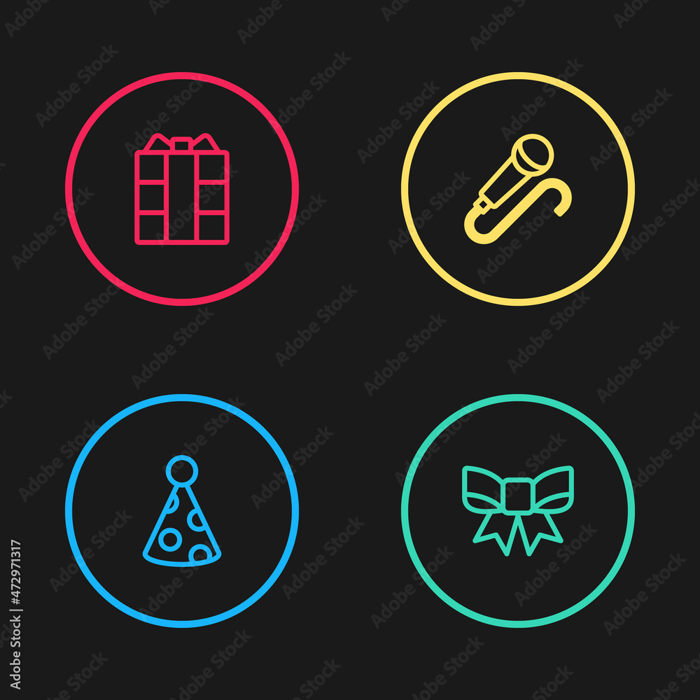 Set line Party hat, Gift bow, Microphone and box icon. Vector Set line Party hat, Gift bow, Microphone and box icon. Vector