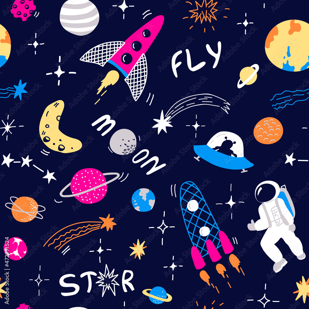 Space pattern. Vector background with the starry sky, rockets, moon, astronaut, planets, comets, asteroid and stars,cute alien in a flying saucer. Hand drawn letters. Childish print. Doodle Space pattern. Vector background with the starry sky, rockets, moon, astronaut, planets, comets, asteroid and stars,cute alien in a flying saucer. Hand drawn letters. Childish print. Doodle