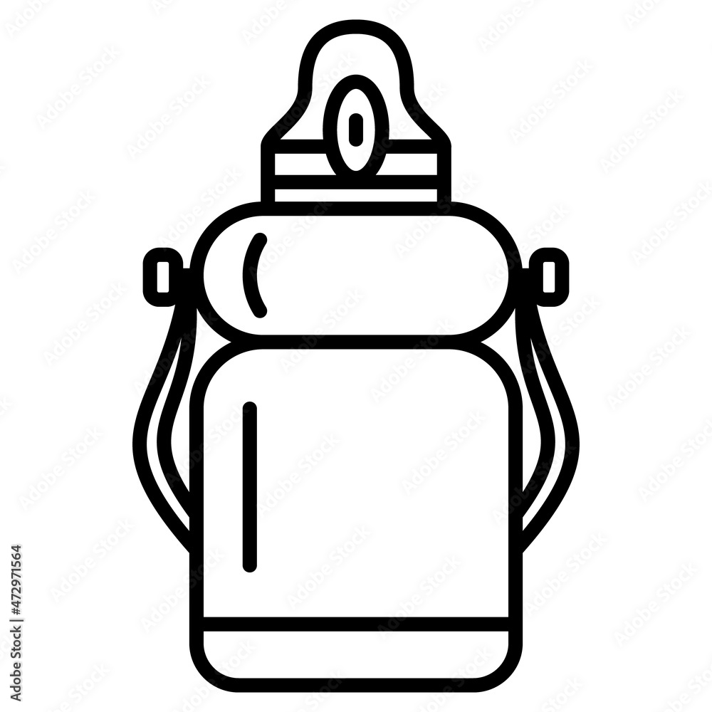 Obraz premium A roomy thermos with a filling valve on the lid. Thermos for hot, cold food, drink. Hiking, traveling outside, camping. Vector icon, outline, isolated