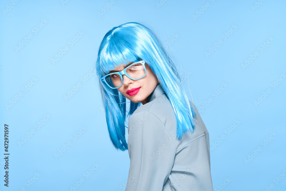 beautiful woman in blue wig glasses fashion glamor beautiful woman in blue wig glasses fashion glamor