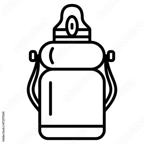 A roomy thermos with a filling valve on the lid. Thermos for hot, cold food, drink. Hiking, traveling outside, camping. Vector icon, outline, isolated